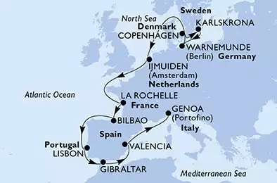 Copenhagen,Karlskrona,Warnemunde,IJmuiden,La Rochelle,Bilbao,Lisbon,Gibraltar,Valencia,Genoa