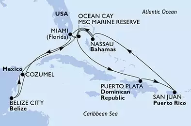 Miami,Belize City,Cozumel,Nassau,Ocean Cay,Miami,Ocean Cay,Puerto Plata,San Juan,Nassau,Miami