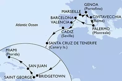 Marseille,Genoa,Civitavecchia,Palermo,Barcelona,Valencia,Cadiz,Santa Cruz de Tenerife,Bridgetown,Saint George,San Juan,Miami