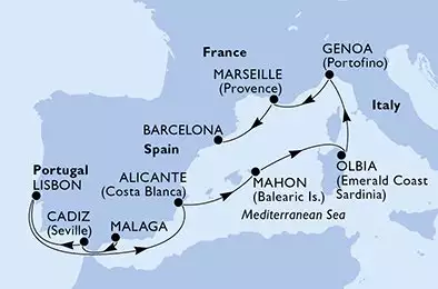 Malaga,Cadiz,Lisbon,Alicante,Mahon,Olbia,Genoa,Marseille,Barcelona