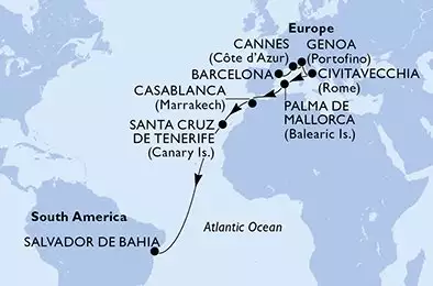 Barcelona,Cannes,Genoa,Civitavecchia,Palma de Mallorca,Casablanca,Santa Cruz de Tenerife,Salvador