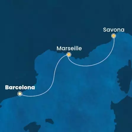 COSTA FAVOLOSA - Itinerario di 1 notti partendo da BARCELLONA il 23/04/2025 - Spagna, Francia, Italia