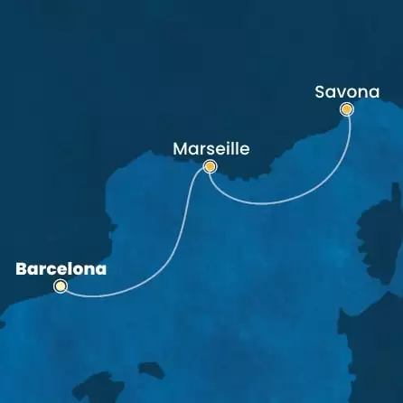 COSTA FAVOLOSA - Itinerario di 1 notti partendo da BARCELLONA il 19/04/2025 - Spagna, Francia, Italia