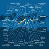 Spagna, Portogallo, Isole Azzorre, Stati Uniti, Florida (USA), Panama, Messico, Stati Uniti, Hawai, Fiji, Nuova Zelanda