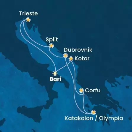 COSTA DELIZIOSA - Itinerario di 6 notti partendo da BARI il 27/10/2024 - Italia, Montenegro, Grecia, Croazia