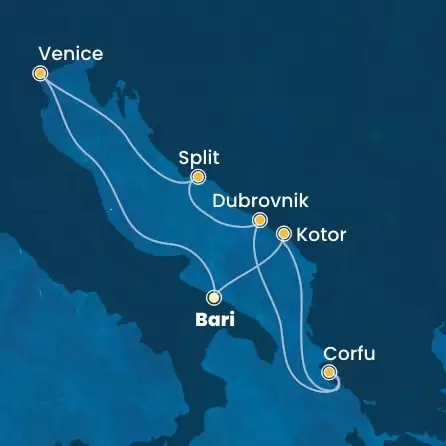 COSTA DELIZIOSA - Itinerario di 6 notti partendo da BARI il 19/04/2026 - Italia, Montenegro, Grecia, Croazia