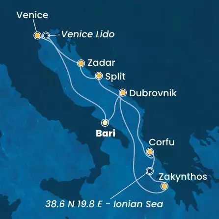 COSTA DELIZIOSA - Itinerario di 6 notti partendo da BARI il 17/08/2025 - Italia, Croazia, Grecia