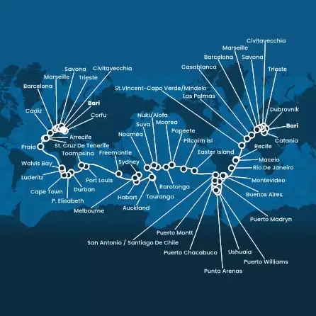 Italia, Croazia, Francia, Spagna, Marocco, Isole Canarie, Capo Verde, Brasile, Argentina, Cile, Polinesia, Nuova Zelanda