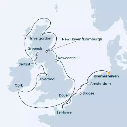 COSTA FAVOLOSA - Itinerario di 15 notti partendo da BREMERHAVEN il 27/05/2023 - Germania, Olanda, Irlanda, Scozia, Gran Bretagna, Francia, Belgio