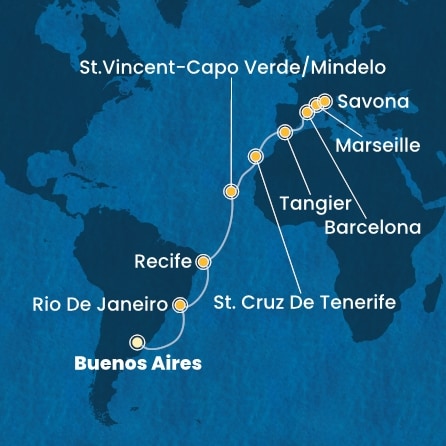 COSTA FAVOLOSA - Itinerario di 19 notti partendo da BUENOS AIRES il 13/03/2026 - Argentina, Brasile, Capo Verde, Isole Canarie, Marocco, Spagna, Francia, Italia