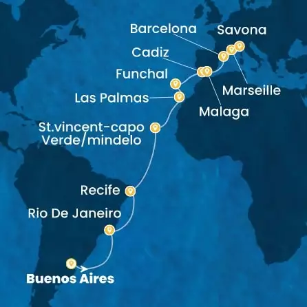 COSTA SERENA - Itinerario di 21 notti partendo da BUENOS AIRES il 05/04/2027 - Argentina, Brasile, Capo Verde, Isole Canarie, Madera, Spagna, Francia, Italia