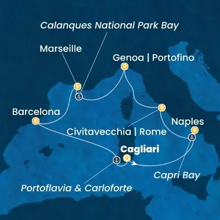 COSTA SMERALDA - Itinerario di 6 notti partendo da CAGLIARI il 22/06/2027 - Italia, Francia, Spagna