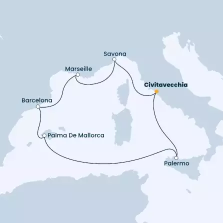 COSTA SMERALDA - Itinerario di 6 notti partendo da CIVITAVECCHIA - ROMA il 31/03/2023 - Italia, Francia, Spagna, Isole Baleari