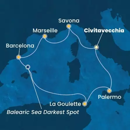 COSTA SMERALDA - Itinerario di 6 notti partendo da CIVITAVECCHIA - ROMA il 19/12/2025 - Italia, Francia, Spagna, Tunisia