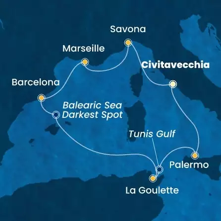 COSTA SMERALDA - Itinerario di 6 notti partendo da CIVITAVECCHIA - ROMA il 13/03/2026 - Italia, Francia, Spagna, Tunisia