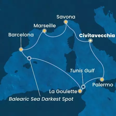COSTA SMERALDA - Itinerario di 6 notti partendo da CIVITAVECCHIA - ROMA il 23/01/2026 - Italia, Francia, Spagna, Tunisia