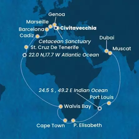 COSTA SMERALDA - Itinerario di 36 notti partendo da CIVITAVECCHIA - ROMA il 14/11/2024 - Italia, Francia, Spagna, Isole Canarie, Namibia, Sud Africa, Mauritius, Oman, Emirati Arabi Uniti