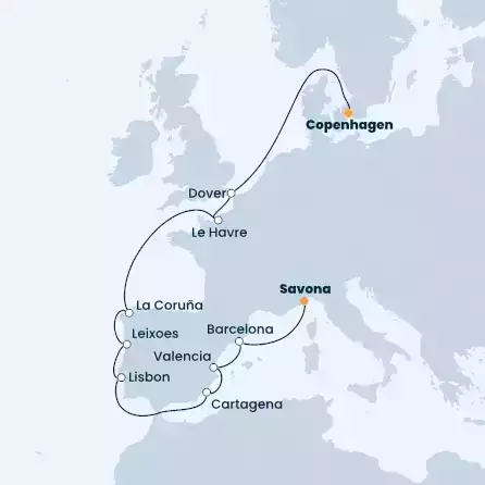 COSTA FASCINOSA - Itinerario di 11 notti partendo da COPENHAGEN il 23/09/2022 - Danimarca, Gran Bretagna, Francia, Spagna, Portogallo, Italia