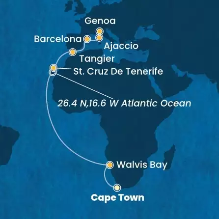 COSTA SMERALDA - Itinerario di 19 notti partendo da CITTÀ DEL CAPO il 18/03/2025 - Sud Africa, Namibia, Isole Canarie, Marocco, Spagna, Corsica (Francia), Italia
