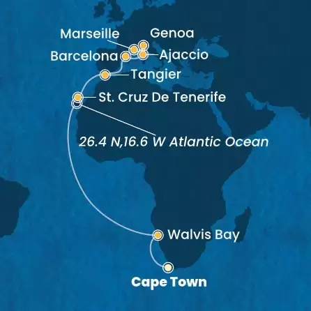 COSTA SMERALDA - Itinerario di 20 notti partendo da CITTÀ DEL CAPO il 18/03/2025 - Sud Africa, Namibia, Isole Canarie, Marocco, Spagna, Corsica (Francia), Italia, Francia