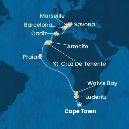 COSTA DELIZIOSA - Itinerario di 21 notti partendo da CITTÀ DEL CAPO il 20/03/2025 - Sud Africa, Namibia, Isole Canarie, Spagna, Francia, Italia
