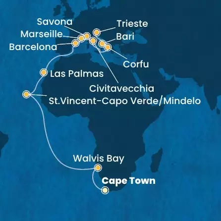 COSTA DELIZIOSA - Itinerario di 23 notti partendo da CITTÀ DEL CAPO il 18/03/2026 - Sud Africa, Namibia, Capo Verde, Isole Canarie, Spagna, Francia, Italia, Grecia