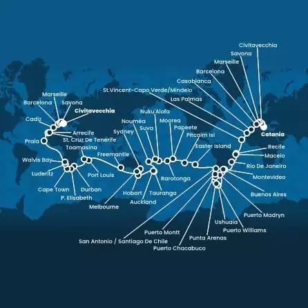 COSTA DELIZIOSA - Itinerario di 122 notti partendo da CATANIA il 10/12/2024 - Italia, Francia, Spagna, Marocco, Isole Canarie, Capo Verde, Brasile, Uruguay, Argentina, Cile, Polinesia, Nuova Zelanda