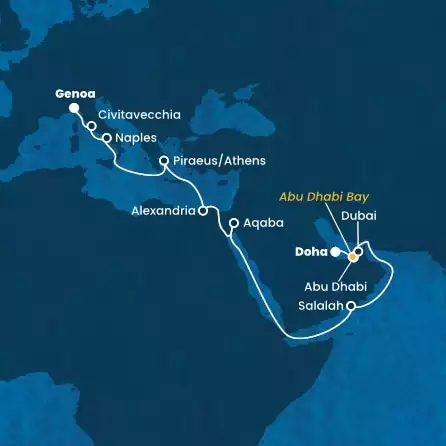 COSTA SMERALDA - Itinerario di 21 notti partendo da DOHA (QATAR) il 13/03/2025 - Emirati Arabi Uniti, Oman, Giordania, Egitto, Grecia, Italia