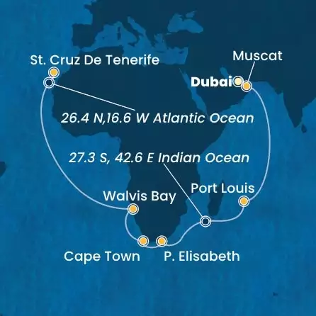 COSTA SMERALDA - Itinerario di 30 notti partendo da DUBAI il 01/03/2025 - Emirati Arabi Uniti, Oman, Mauritius, Sud Africa, Namibia, Isole Canarie