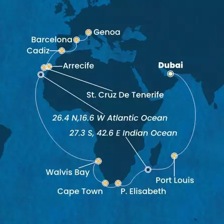 COSTA TOSCANA - Itinerario di 33 notti partendo da DUBAI il 07/03/2026 - Emirati Arabi Uniti, Mauritius, Sud Africa, Namibia, Isole Canarie, Spagna, Italia