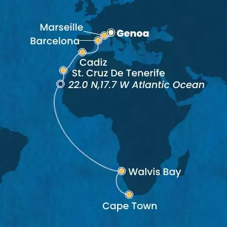 COSTA SMERALDA - Itinerario di 18 notti partendo da GENOVA il 15/11/2024 - Italia, Francia, Spagna, Isole Canarie, Namibia, Sud Africa