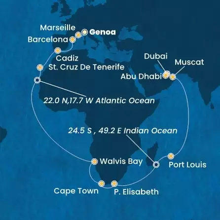 COSTA SMERALDA - Itinerario di 37 notti partendo da GENOVA il 15/11/2024 - Italia, Francia, Spagna, Isole Canarie, Namibia, Sud Africa, Mauritius, Oman, Emirati Arabi Uniti