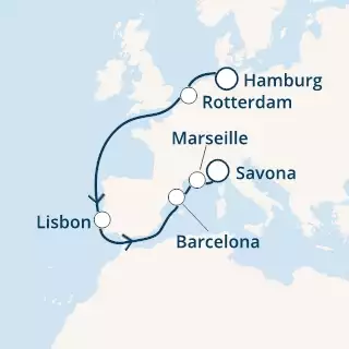 COSTA SMERALDA - Itinerario di 13 notti partendo da AMBURGO il 21/10/2019 - Germania, Olanda, Portogallo, Spagna, Francia, Italia