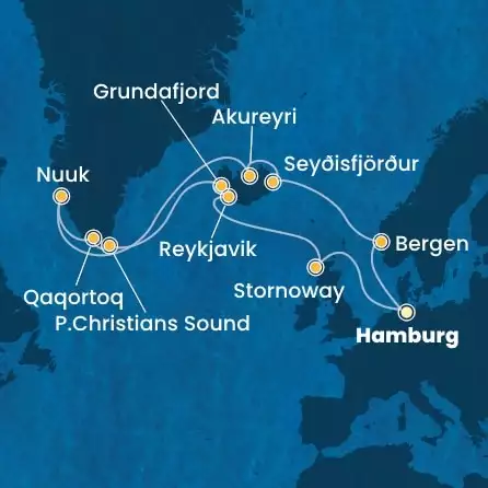 COSTA FAVOLOSA - Itinerario di 21 notti partendo da AMBURGO il 22/06/2025 - Germania, Scozia, Islanda, Groenlandia, Norvegia