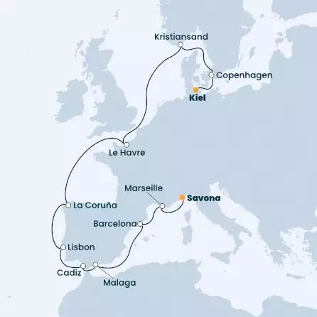 COSTA FIRENZE - Itinerario di 13 notti partendo da KIEL il 15/09/2023 - Germania, Danimarca, Norvegia, Francia, Spagna, Portogallo, Italia