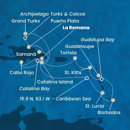 COSTA PACIFICA - Itinerario di 13 notti partendo da LA ROMANA il 08/02/2026 - Repubblica Dominicana, Isole Turks, Antille, Isole Vergini