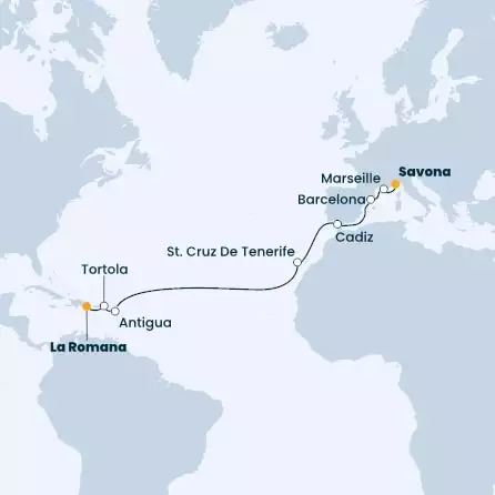 COSTA PACIFICA - Itinerario di 14 notti partendo da LA ROMANA il 19/03/2023 - Repubblica Dominicana, Isole Vergini, Antille, Isole Canarie, Spagna, Francia, Italia