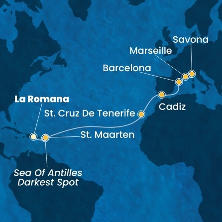 COSTA PACIFICA - Itinerario di 14 notti partendo da LA ROMANA il 15/03/2026 - Repubblica Dominicana, Antille, Isole Canarie, Spagna, Francia, Italia