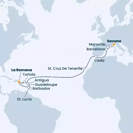 COSTA PACIFICA - Itinerario di 21 notti partendo da LA ROMANA il 12/03/2023 - Repubblica Dominicana, Antille, Isole Vergini, Isole Canarie, Spagna, Francia, Italia
