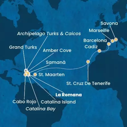 COSTA PACIFICA - Itinerario di 21 notti partendo da LA ROMANA il 08/03/2026 - Repubblica Dominicana, Isole Turks, Antille, Isole Canarie, Spagna, Francia, Italia