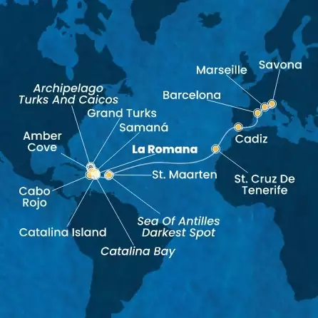 COSTA PACIFICA - Itinerario di 21 notti partendo da LA ROMANA il 08/03/2026 - Repubblica Dominicana, Isole Turks, Antille, Isole Canarie, Spagna, Francia, Italia