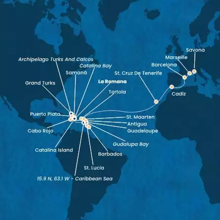 COSTA FASCINOSA - Itinerario di 28 notti partendo da LA ROMANA il 09/03/2025 - Repubblica Dominicana, Isole Turks, Antille, Isole Vergini, Isole Canarie, Spagna, Francia, Italia