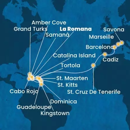 COSTA PACIFICA - Itinerario di 28 notti partendo da LA ROMANA il 01/03/2026 - Repubblica Dominicana, Dominica, Antille, Isole Vergini, Isole Turks, Isole Canarie, Spagna, Francia, Italia