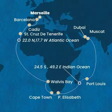 COSTA SMERALDA - Itinerario di 34 notti partendo da MARSIGLIA il 16/11/2024 - Francia, Spagna, Isole Canarie, Namibia, Sud Africa, Mauritius, Oman, Emirati Arabi Uniti