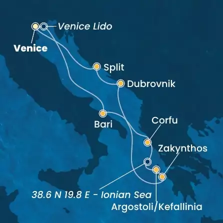 COSTA DELIZIOSA - Itinerario di 6 notti partendo da Venezia (Marghera) il 24/05/2025 - Italia, Grecia, Croazia