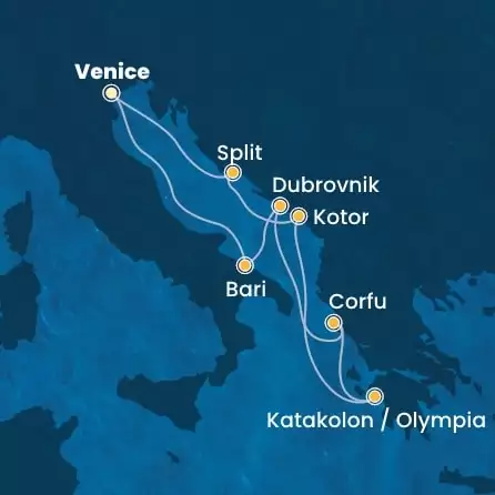COSTA DELIZIOSA - Itinerario di 6 notti partendo da Venezia (Marghera) il 03/05/2025 - Italia, Croazia, Grecia, Montenegro