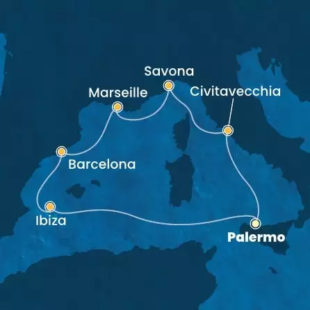 COSTA SMERALDA - Itinerario di 6 notti partendo da PALERMO il 23/07/2026 - Italia, Francia, Spagna, Isole Baleari