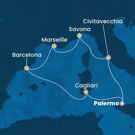 COSTA SMERALDA - Itinerario di 6 notti partendo da PALERMO il 15/10/2026 - Italia, Francia, Spagna