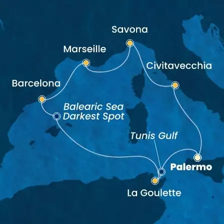COSTA SMERALDA - Itinerario di 6 notti partendo da PALERMO il 19/03/2026 - Italia, Francia, Spagna, Tunisia