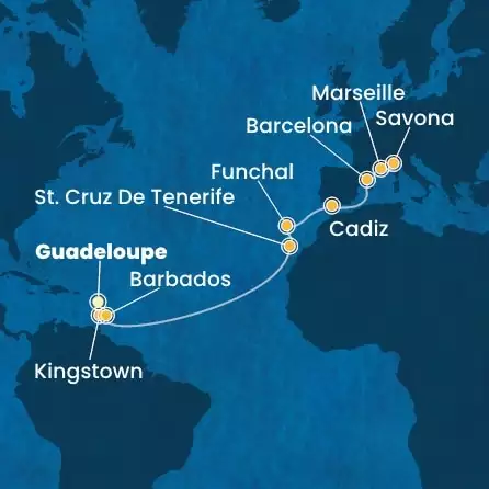 COSTA FORTUNA - Itinerario di 15 notti partendo da GUADALUPA il 14/03/2025 - Antille, Isole Canarie, Madera, Spagna, Francia, Italia